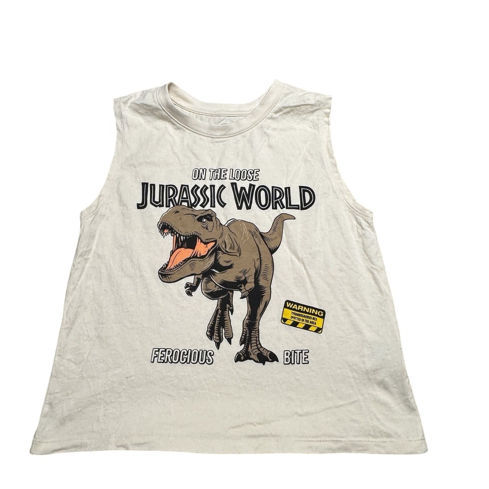 HM Jurassic World Kids Muscle Tank Top Cream T-Rex Graphic Shirt Size 6-8Y